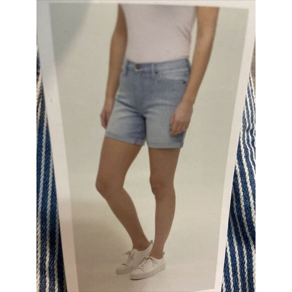 Calvin Klein Jeans Womens Shorts Sz 16 Roll Cuff Denim Stripe Blue High‎ Rise - Picture 2 of 7